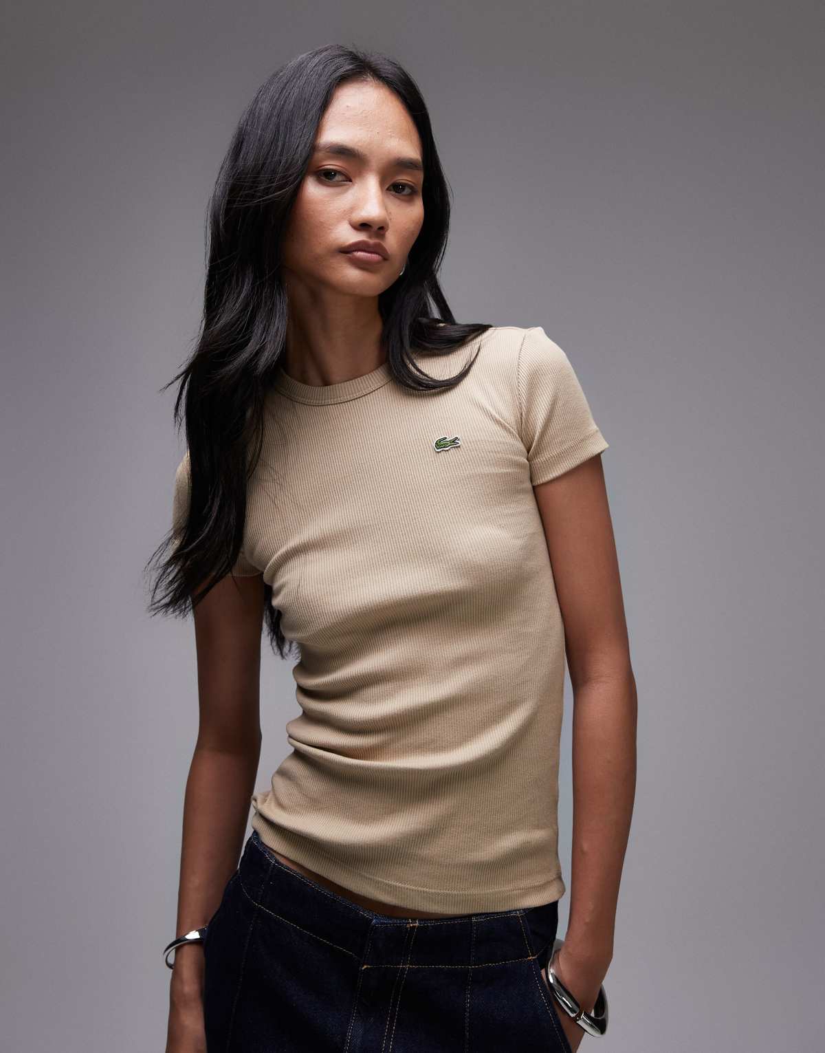 Lacoste ribbed logo t-shirt in beige