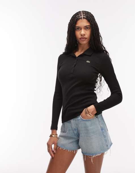 Lacoste ribbed long sleeve polo shirt in black - view 1