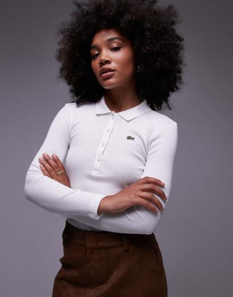 Lacoste ribbed long sleeve polo shirt in white - view 1
