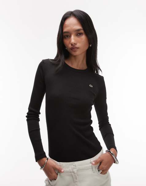 Lacoste ribbed long sleeve t-shirt in black - view 1