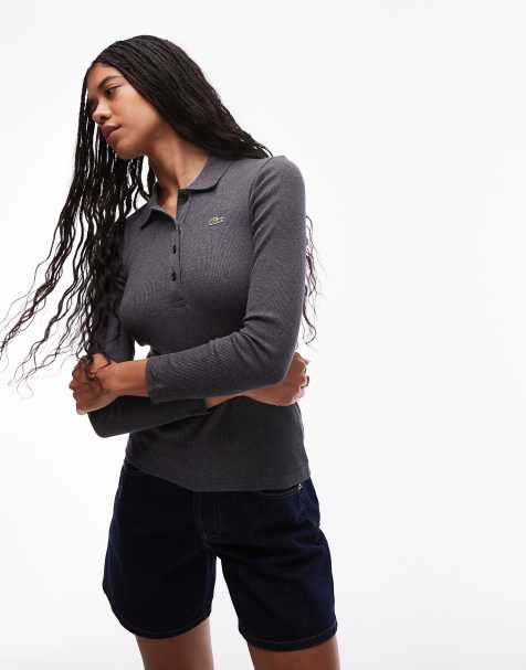 Lacoste ribbed LS polo shirt in grey - view 1