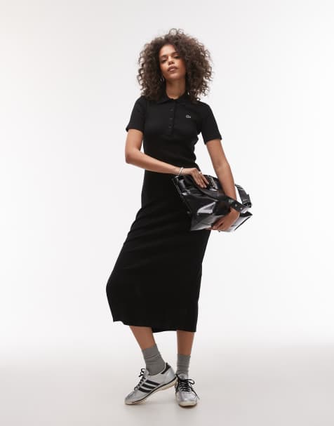 Lacoste ribbed polo maxi dress in black