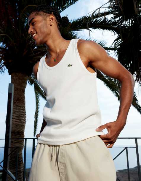 Lacoste ribbed tank top in off-white - view 1