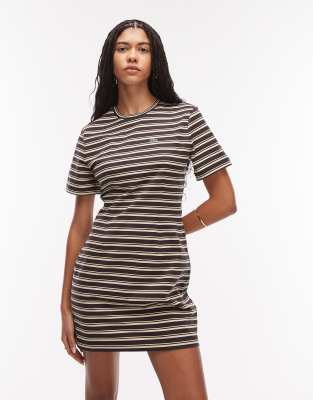 Lacoste - Robe t-shirt courte à rayures - Marron-Brown