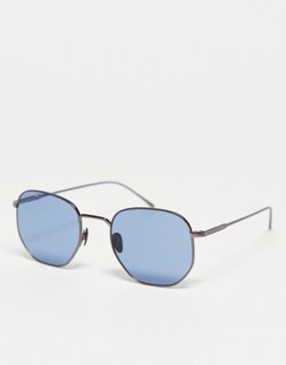Lacoste round sunglasses in silver and blue lens