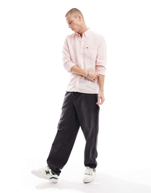 Lacoste – Różowa lniana koszula z długimi rękawami, 3 z 4
