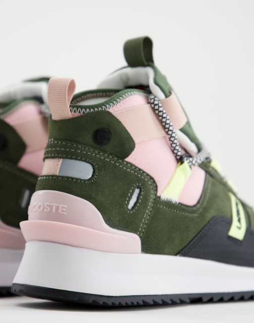 Lacoste Run High Sneakers alte stringate kaki e rosa chiaro