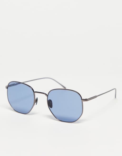 Lacoste – Runde Sonnenbrille in Silber mit blauen Gläsern