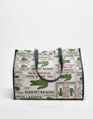 Lacoste - Sac en jacquard avec broderies et logo sur l'ensemble - Blanc cassé-Multicolore