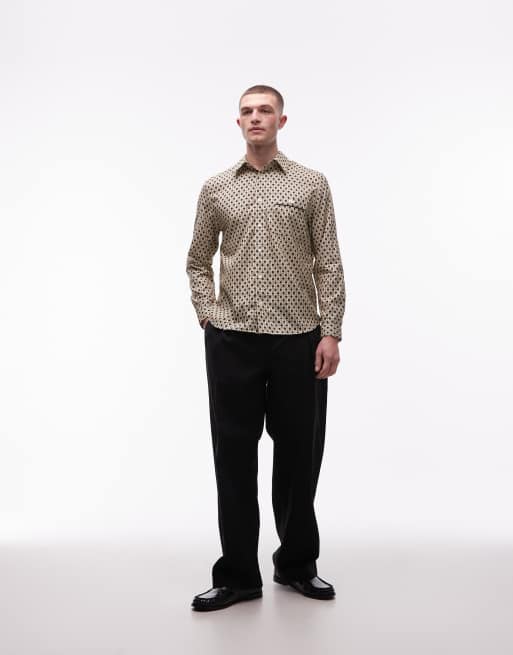 Lacoste - Satijnen overhemd met monogramprint in beige, 2 van 5