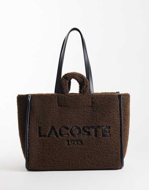 Lacoste script detail fleece tote bag in brown  - view 1