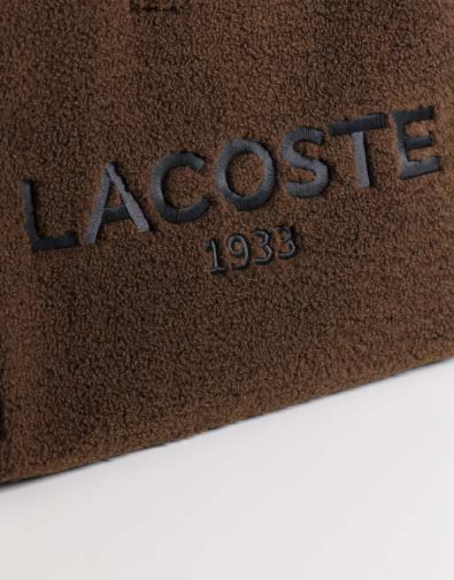 Lacoste script detail fleece tote bag in brown , 3 of 4