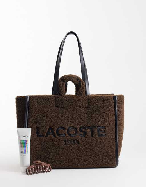 Lacoste script detail fleece tote bag in brown , 4 of 4
