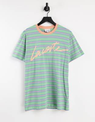 LACOSTE SCRIPT LOGO STRIPE T-SHIRT IN GREEN TH0456 GZ5
