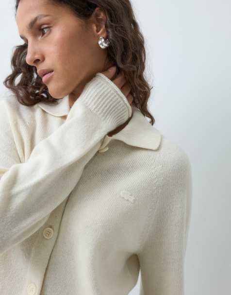 Lacoste seamless texured wool button down collared cardigan in cream - view 1