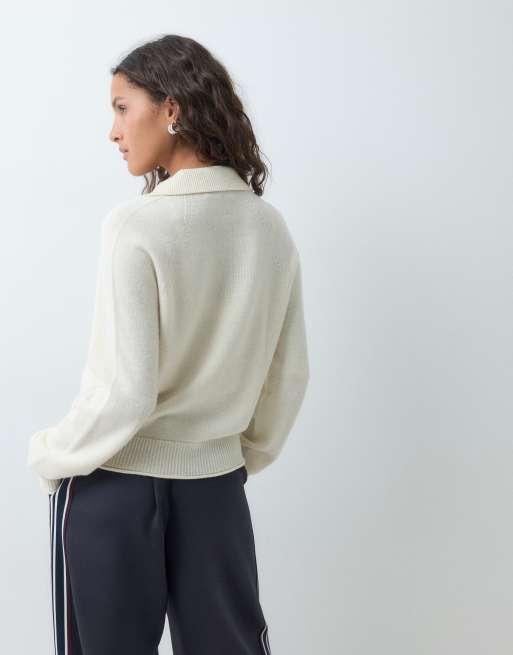 Lacoste seamless texured wool button down collared cardigan in cream, 3 of 5