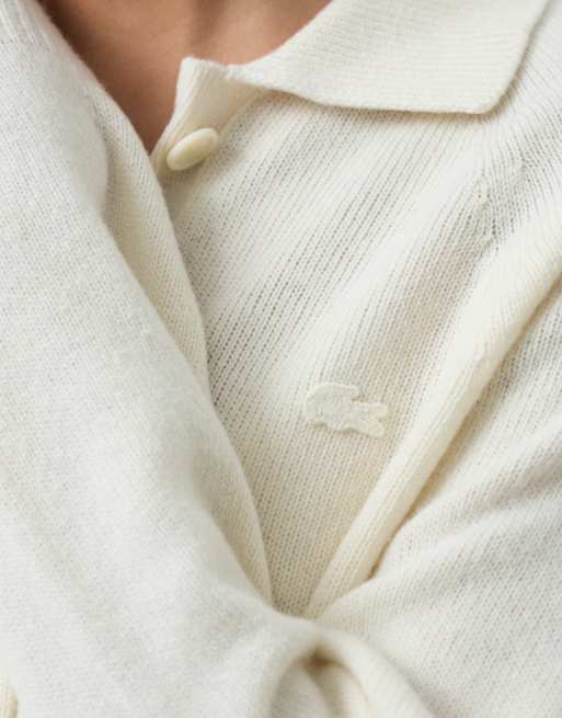 Lacoste seamless texured wool button down collared cardigan in cream, 4 of 5