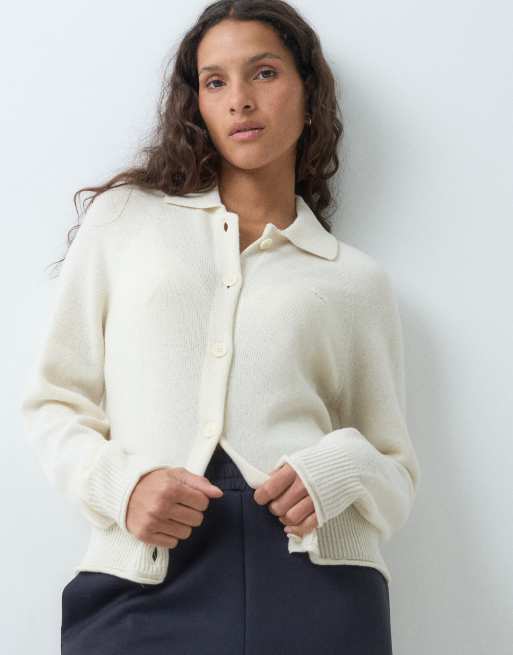 Lacoste seamless texured wool button down collared cardigan in cream, 5 of 5