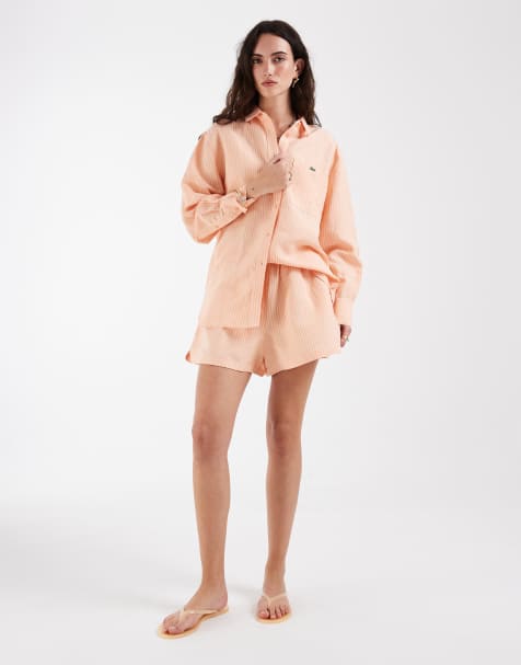 Lacoste - Short d'ensemble en popeline rayée - Orange - view 1