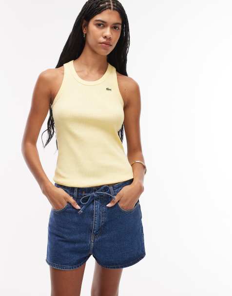 Lacoste - Short en jean à taille haute froncée - Bleu moyen délavé - view 1