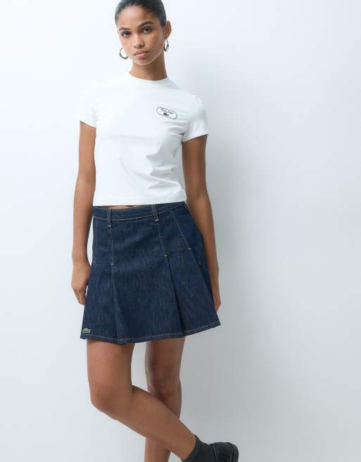 Lacoste short pleated denim skirt co-ord in mid wash blue, 3 of 5