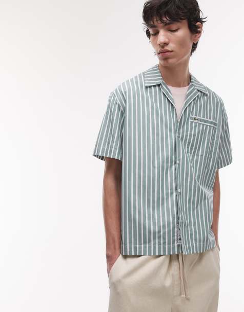 Lacoste short sleeve camp collar shirt in green and white stripes - view 1