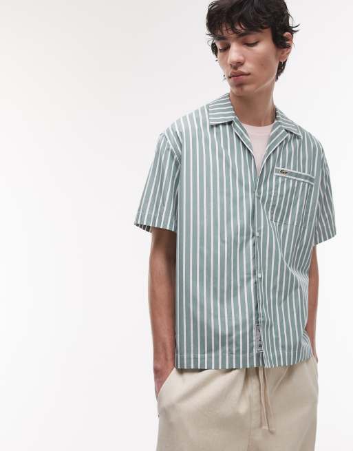 Lacoste short sleeve camp collar shirt in green and white stripes