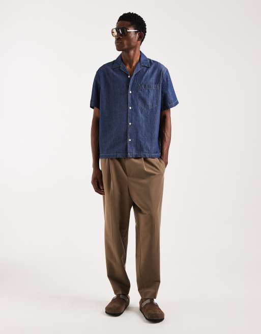 Lacoste short sleeve revere collar denim shirt in mid wash blue, 2 of 5