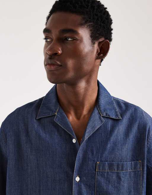 Lacoste short sleeve revere collar denim shirt in mid wash blue, 3 of 5