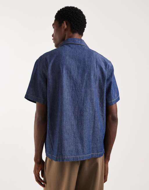 Lacoste short sleeve revere collar denim shirt in mid wash blue, 4 of 5