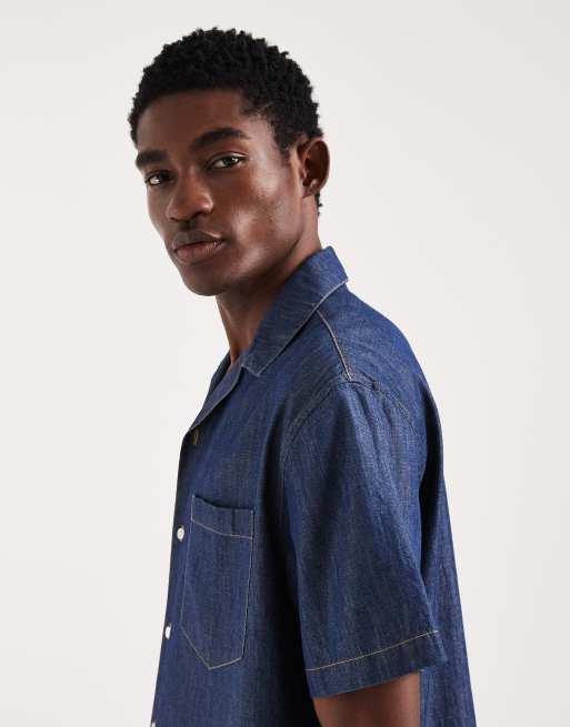 Lacoste short sleeve revere collar denim shirt in mid wash blue, 5 of 5