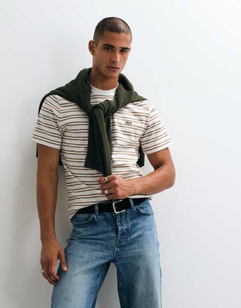 Lacoste short sleeve stripe logo t-shirt in brown - view 1