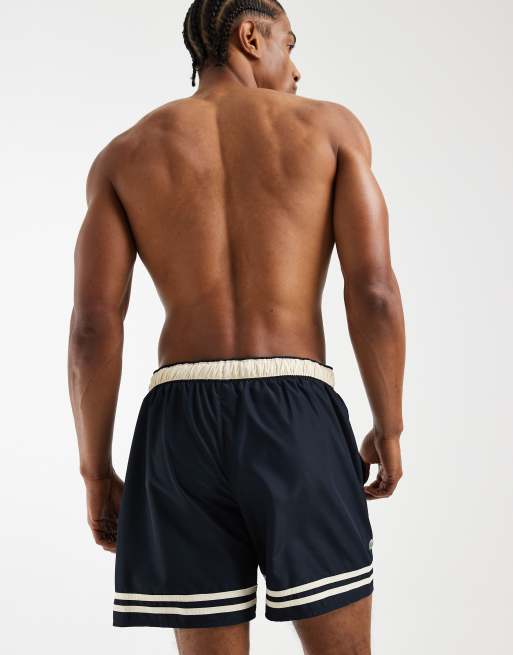 Lacoste - Shorts de baño negros y crudo con rayas en contraste, 4 de 5