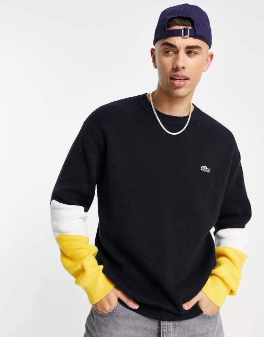 Lacoste striped sleeve crew on sale sweater