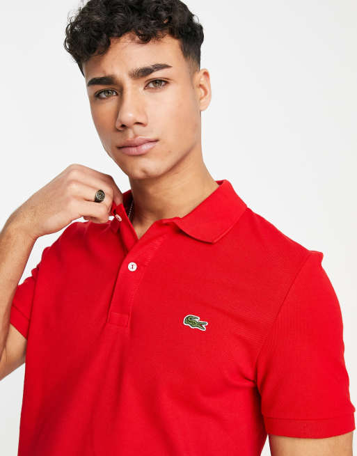 Lacoste Live Pique Polo Large Croc Logo Slim Fit in Red