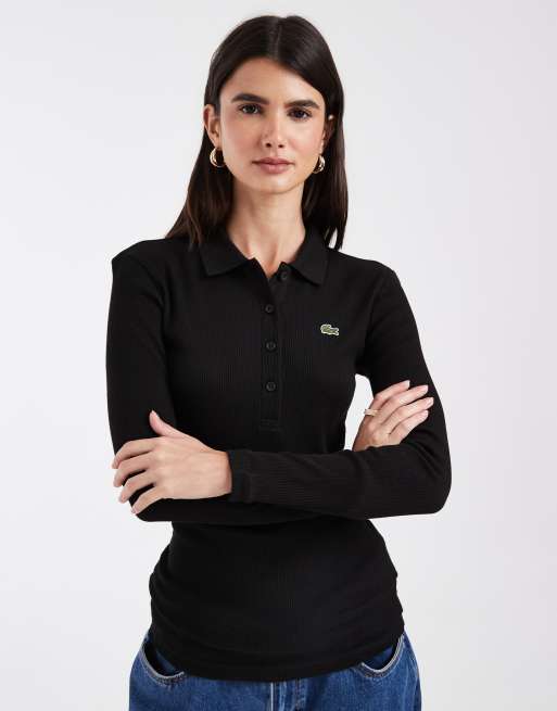 Lacoste slim fit ribbed cotton polo in black, 3 of 4
