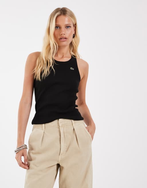 Lacoste slim fit ribbed cotton tank top in black, 3 of 4
