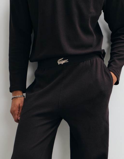 Lacoste strait leg waffle co-ord pyjama pants in brown , 4 of 5