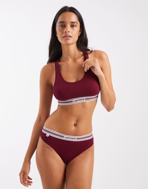 Lacoste stretch cotton logo band bralette in burgundy - view 1