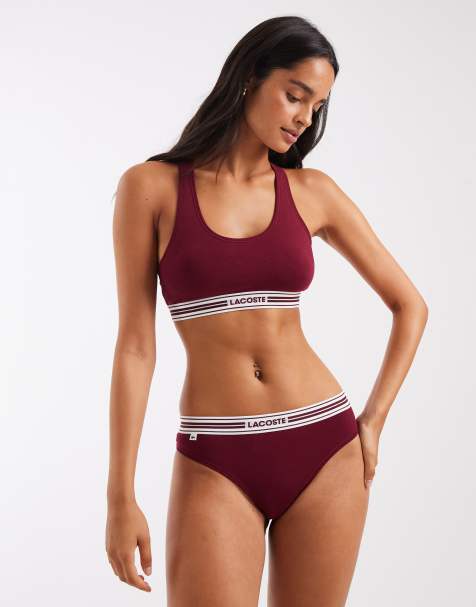 Lacoste stretch cotton logo band thong in burgundy  - view 1