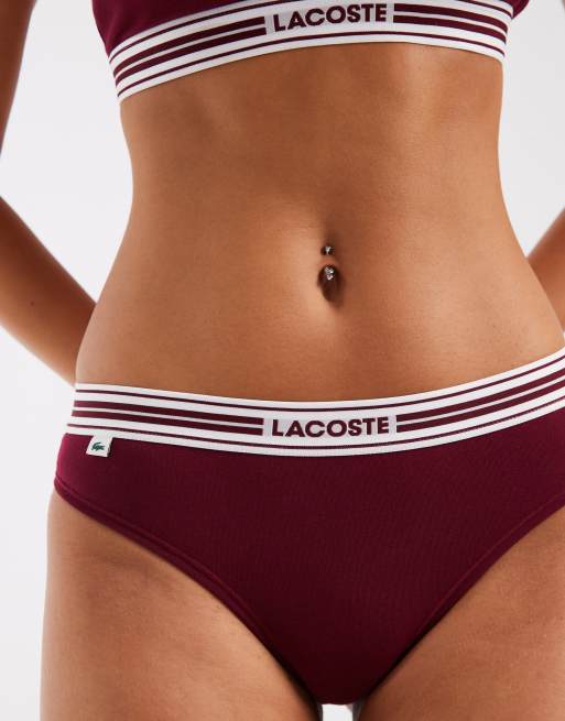 Lacoste stretch cotton logo band thong in burgundy , 2 of 4