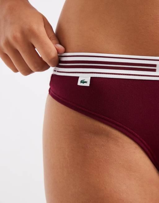 Lacoste stretch cotton logo band thong in burgundy , 4 of 4