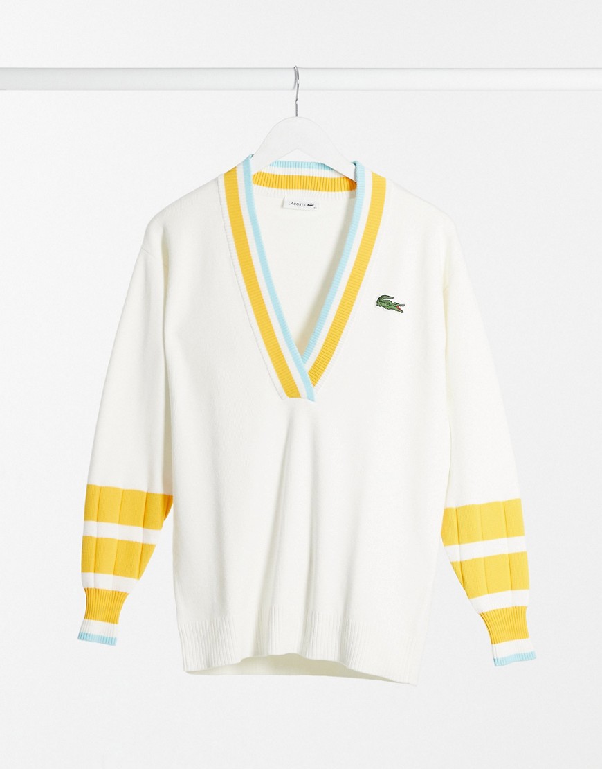 Lacoste stripe cricket sweater in beige-Neutral