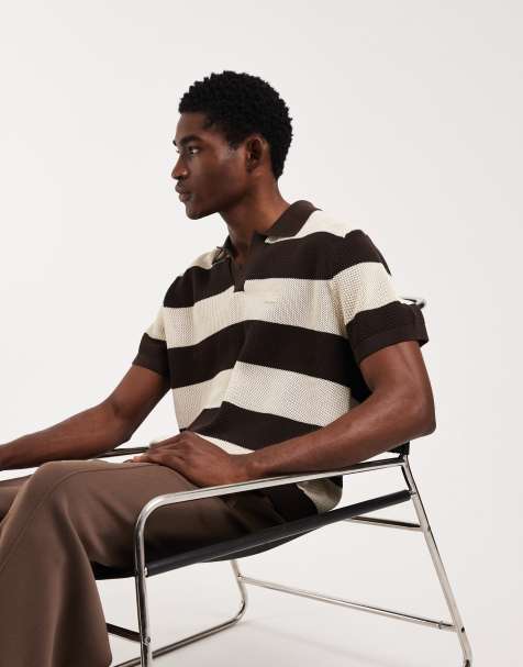 Lacoste stripe knitted short sleeve polo jumper in brown - view 1