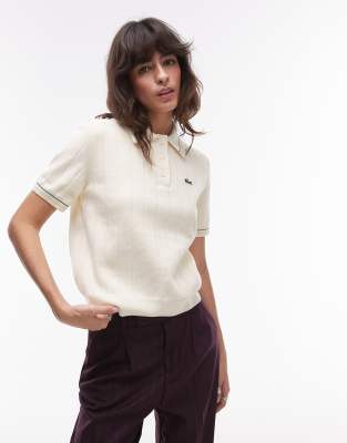 Lacoste Lacoste stripe logo polo top in cream-White