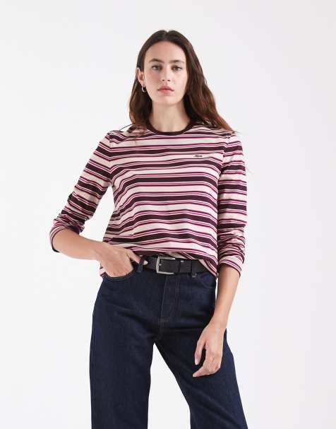Lacoste stripe long sleeve jersey t-shirt in burgundy - view 1