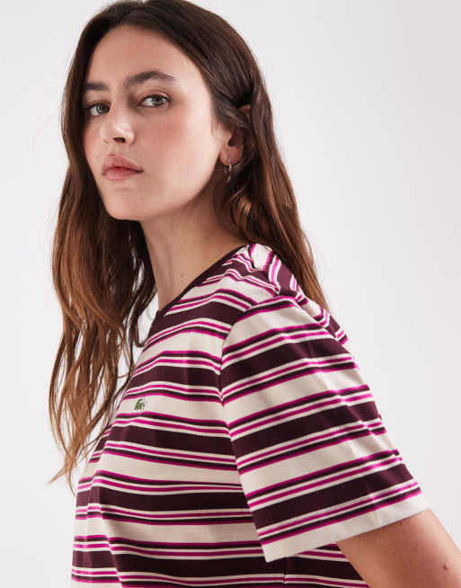 Lacoste stripe short sleeve jersey t-shirt in burgundy, 4 of 4