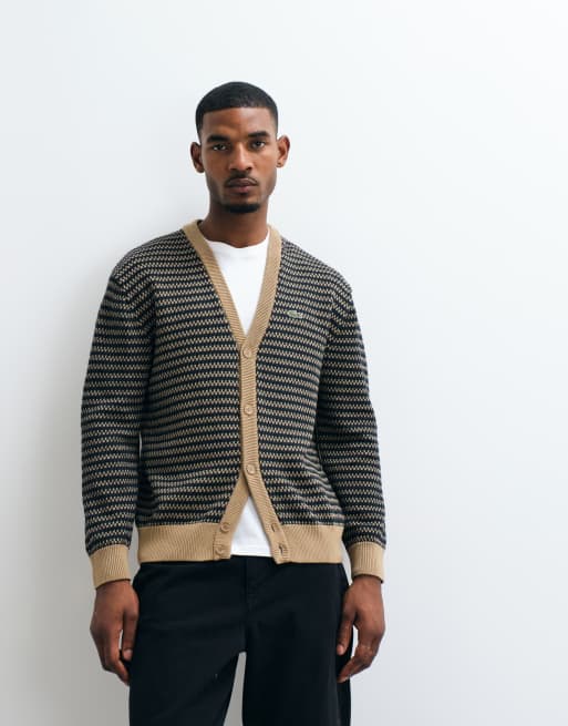 Lacoste stripe v neck cardigan in green and tan , 2 of 5