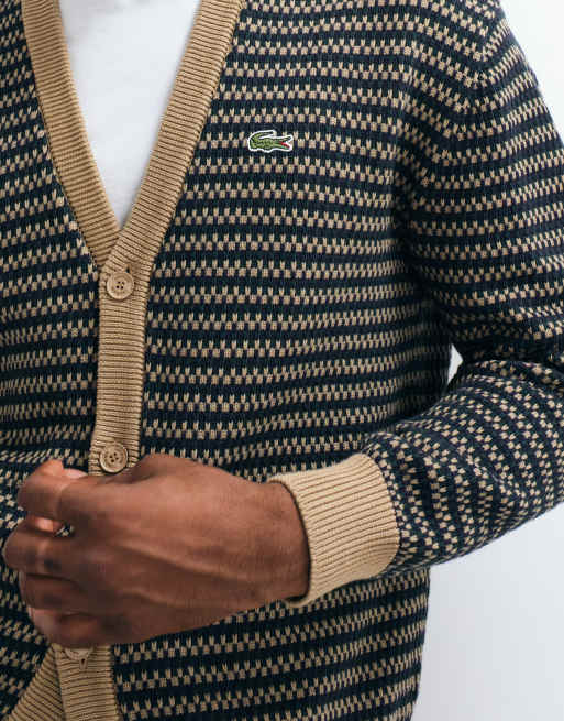 Lacoste stripe v neck cardigan in green and tan , 3 of 5