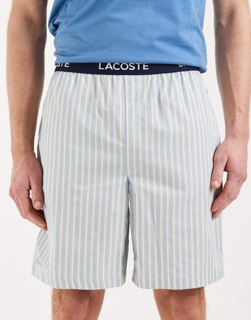 Lacoste stripe woven lounge shorts with logo waistband in green & blue, 4 of 5